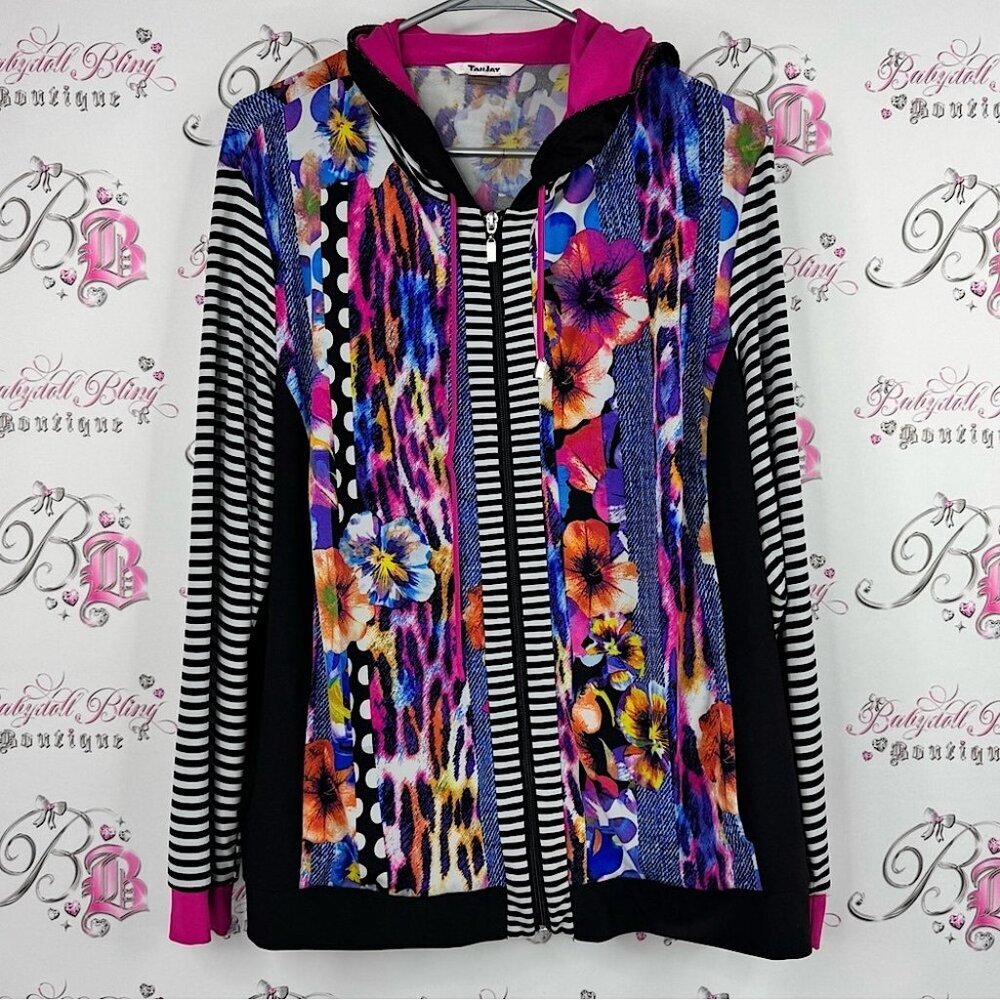 Tan jay sweater zip up flowers water color Floral Striped Jacket stretchy denim